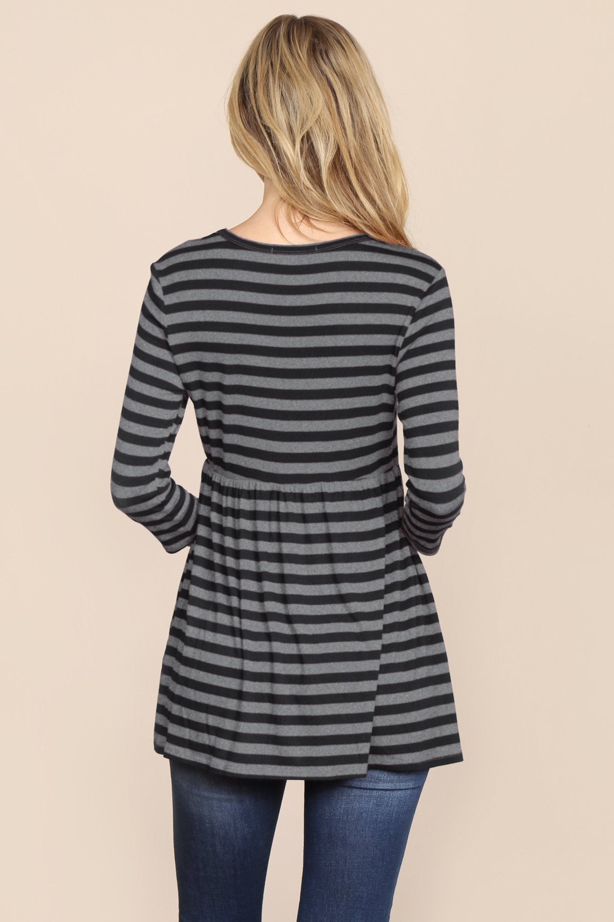 Riah Fashion - Quarter Sleeve Babydoll Striped Tunic - 7 COLORS -