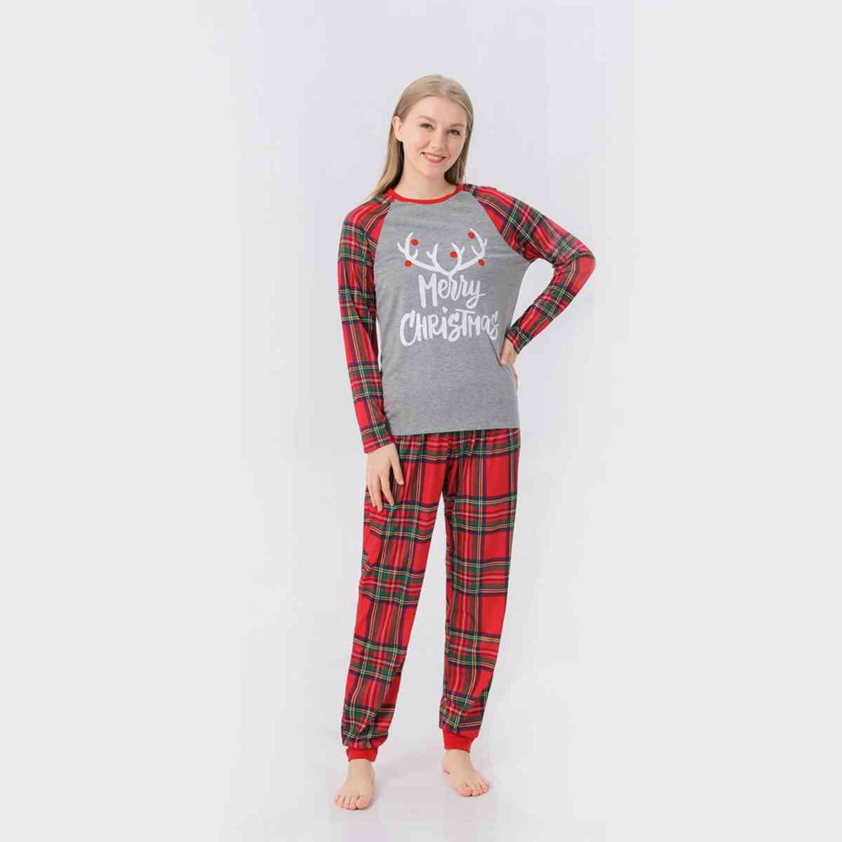 WOMEN MERRY CHRISTMAS Graphic Top and Plaid Pants Set - T -