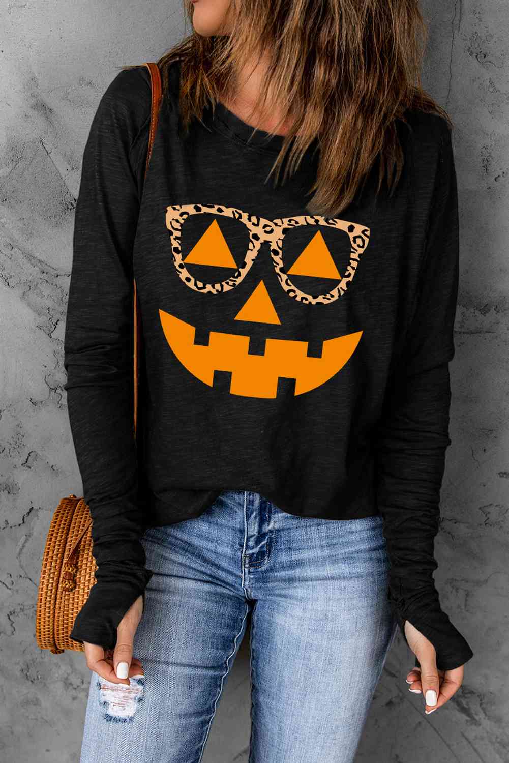 Pumpkin Face Graphic Long Sleeve T-Shirt - T - 1 COLOR -