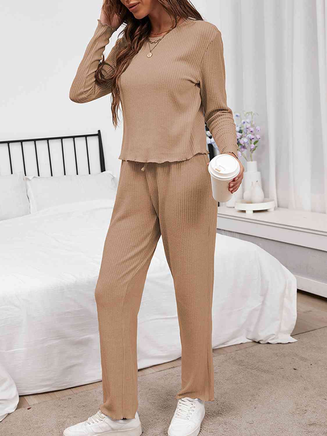 Round Neck Long Sleeve Top and Drawstring Pants Lounge Set - 2 PCS. - T - 3 COLORS -