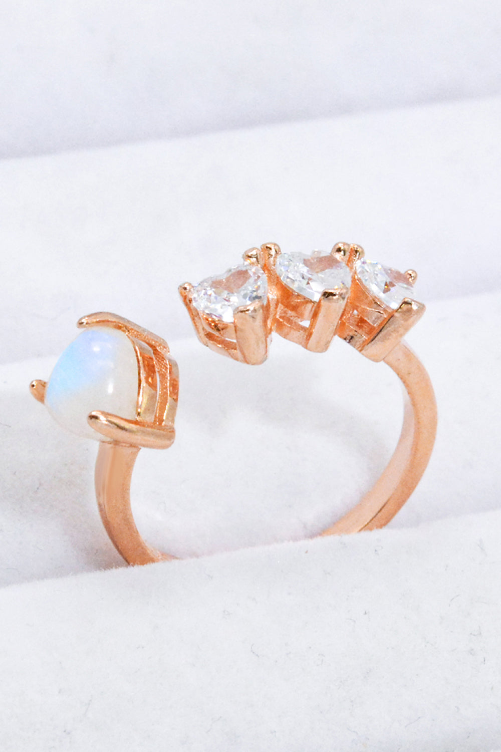 Natural Moonstone and Zircon Heart Open Ring - T - 1 SIZE FIT - 2 FINISHES -