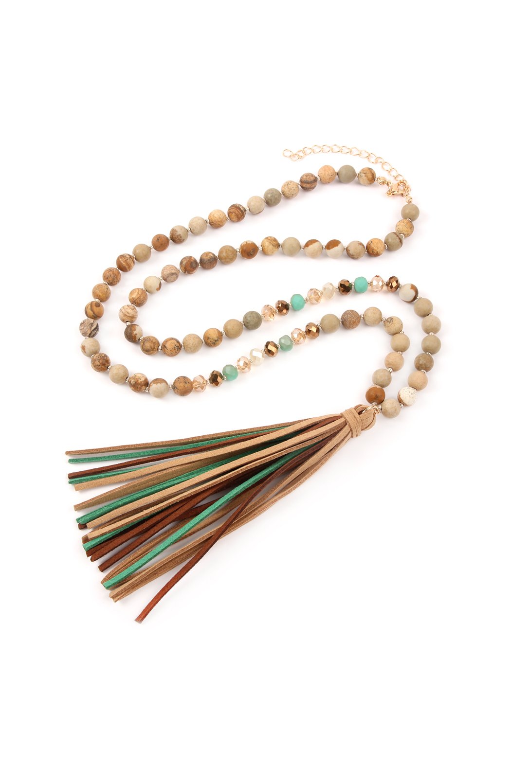 Riah Fashion - Colorful Natural Stone Glass Beads Leather Tassel Necklace - 7 COLORS -