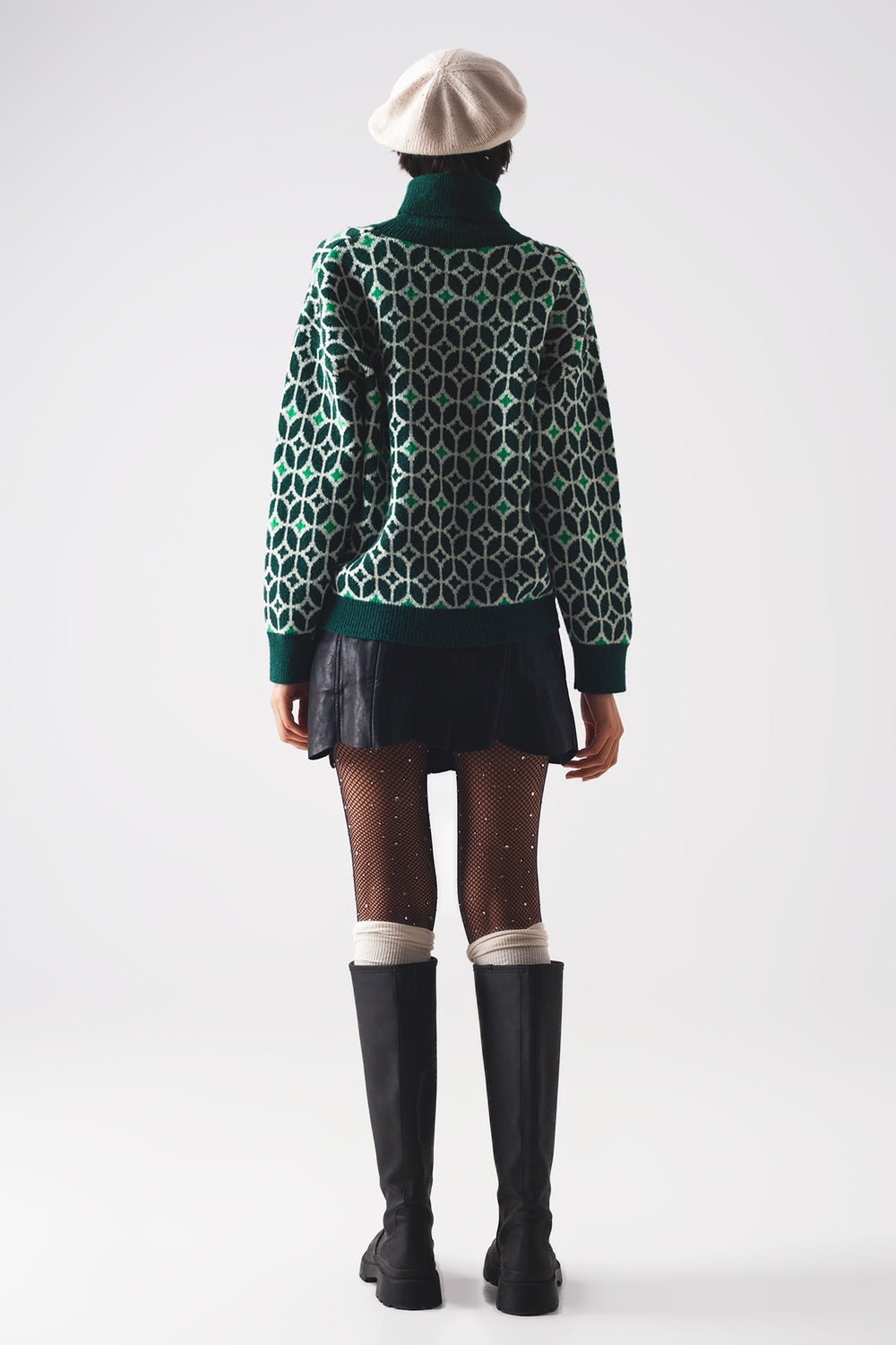 Q2 - High Neck Jumper in Geo Pattern in Green - 1 COLOR -