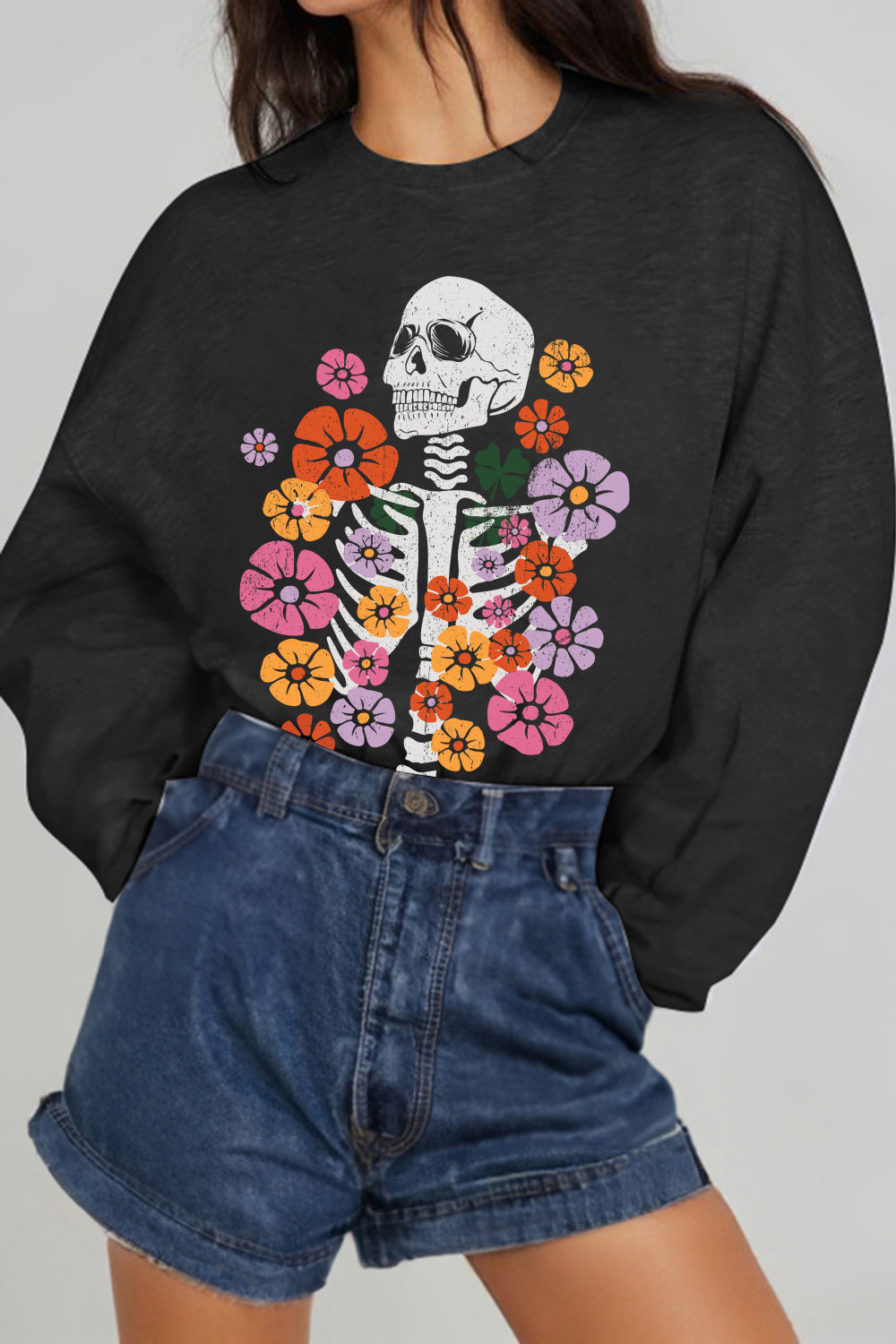 Simply Love Simply Love Full Size Flower Skeleton Graphic Sweatshirt - T - 1 COLOR -