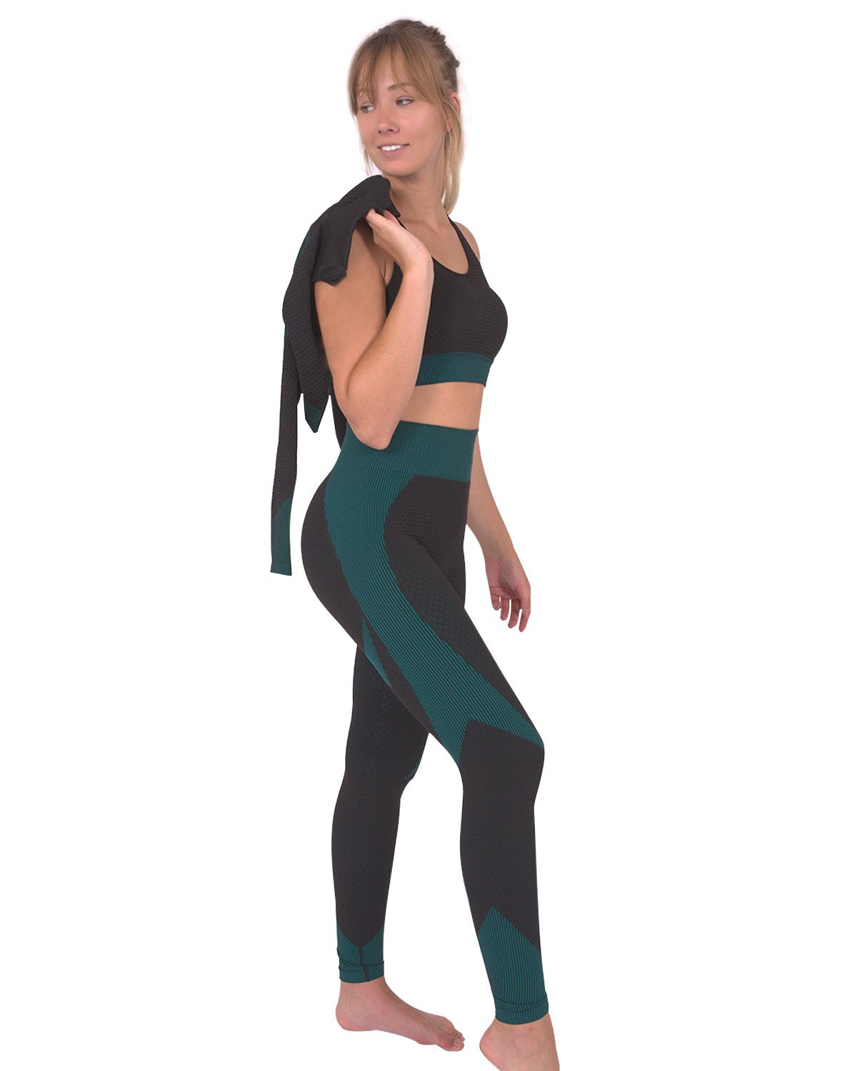 Savoy - Trois Seamless Jacket, Leggings & Sports Top 3 Set - Black With Teal Blue - 3 PCS - 1 COLOR -