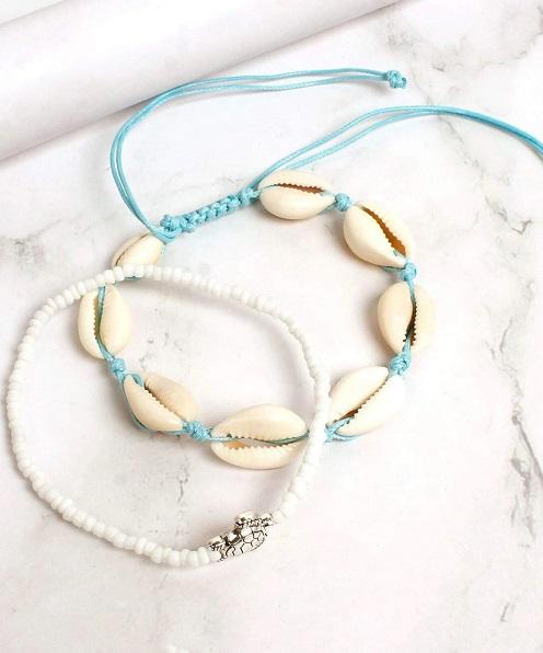 2PCS Boho Turquoise Shell Anklet With White Turtle Bead Ankle Bracelet -