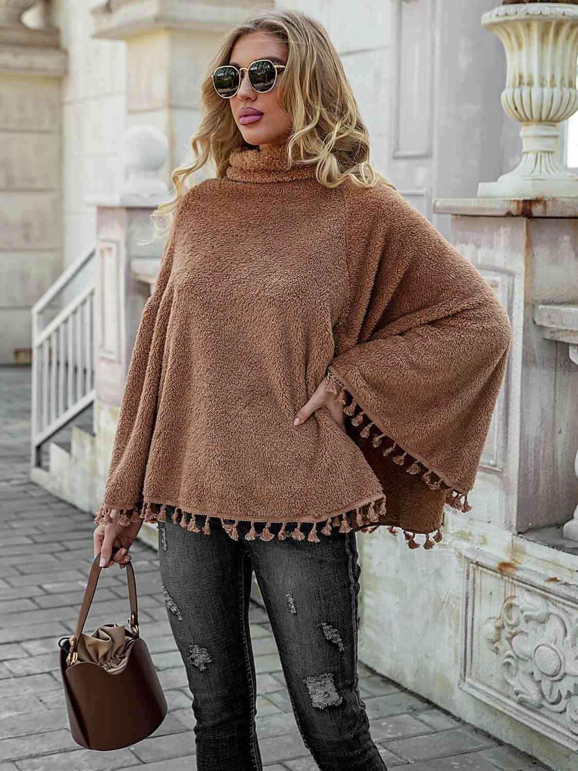 Full Size Turtleneck Tassel Hem Poncho - T - 1 COLOR -