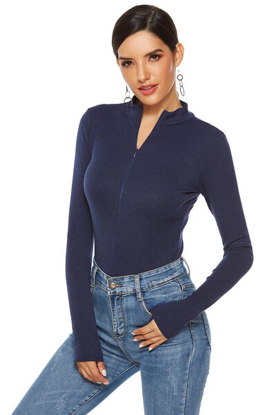 Full Size Ribbed Half Zip Long Sleeve Bodysuit - T - 4 COLORS -