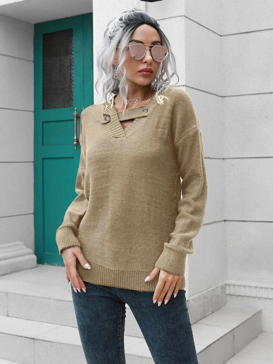 Dropped Shoulder Button Detail Sweater - T - 2 COLORS -