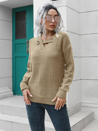 Thumbnail for Dropped Shoulder Button Detail Sweater - T - 2 COLORS -