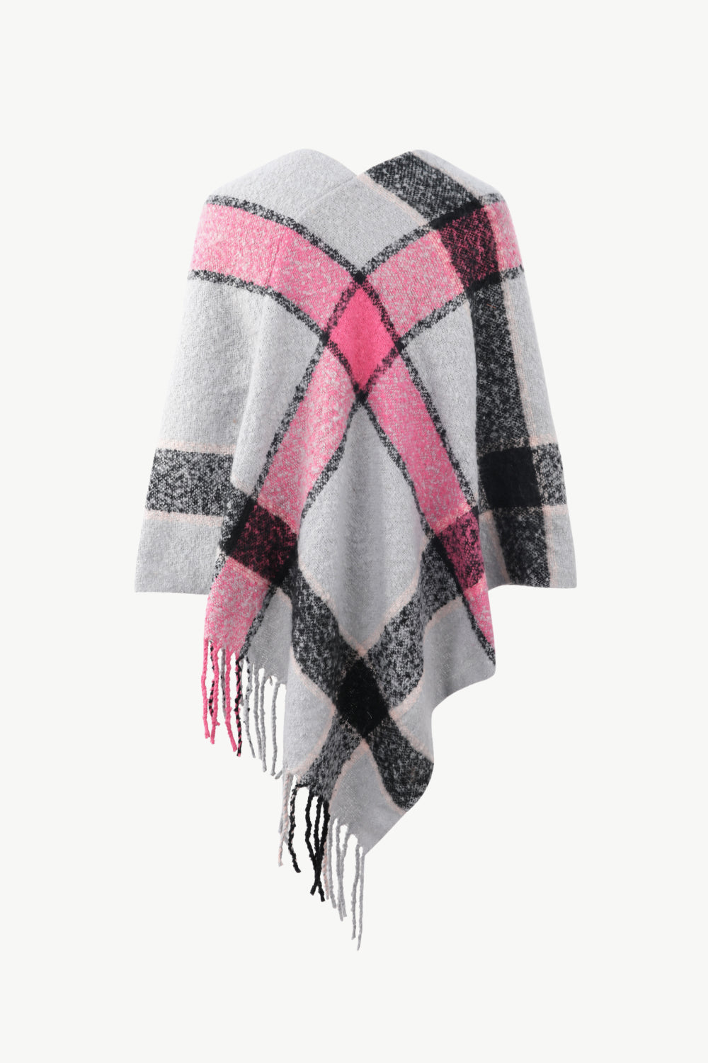 Plaid Fringe Detail Poncho - T - 7 COLORS -