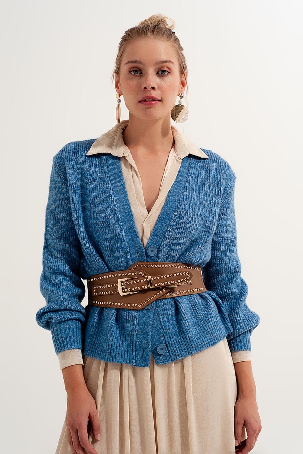 Q2 - Button Through Cardigan in Blue - 1 COLOR