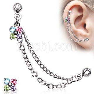 316L Surgical Steel Flower CZ Double Chained Cartilage Earring -