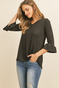 Thumbnail for Riah Fashion - Solid Bell Sleeve V-Neck Top - 5 COLORS -