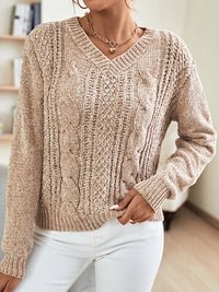 Thumbnail for V-Neck Cable-Knit Long Sleeve Sweater - T - 1 COLOR -