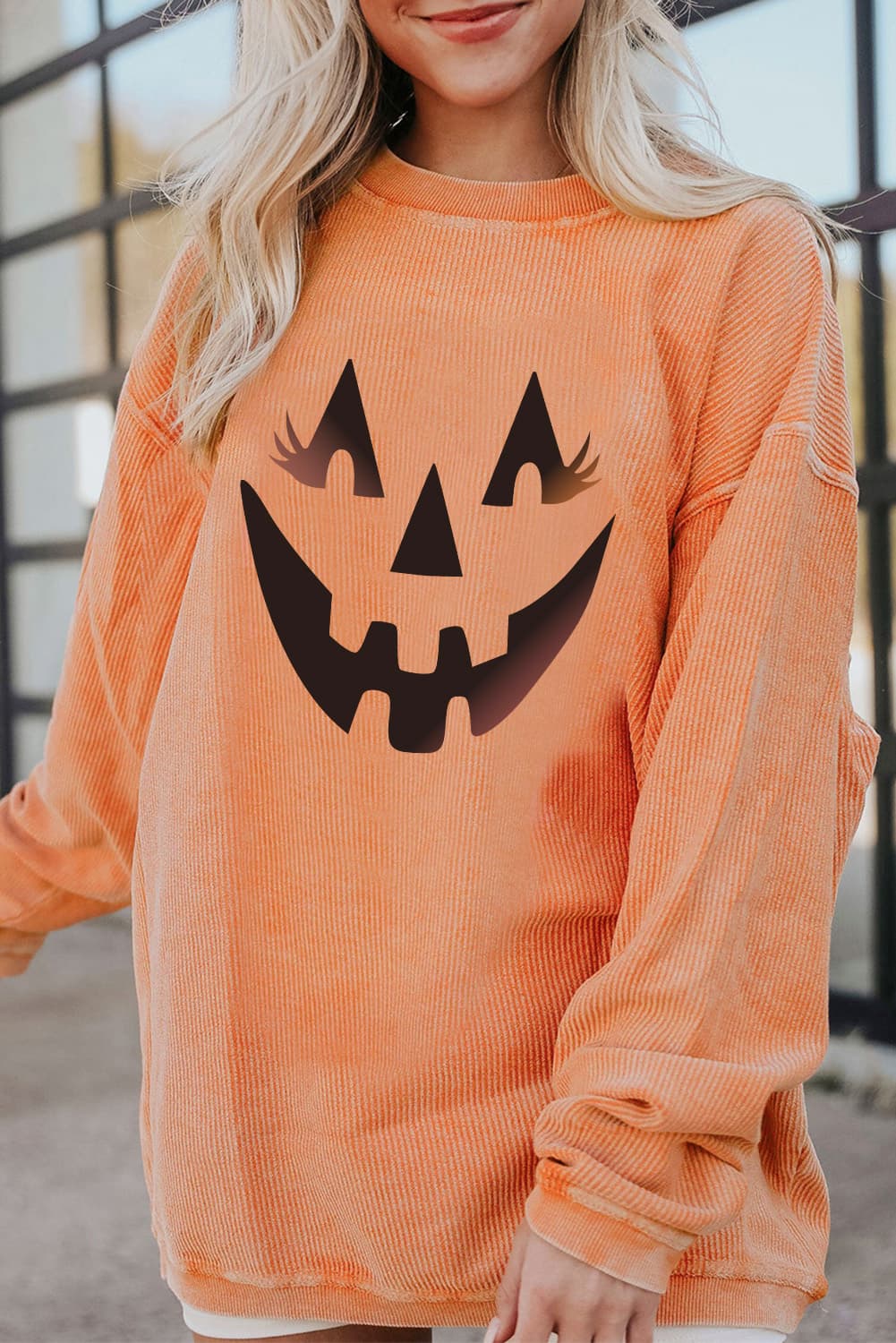 Round Neck Dropped Shoulder Jack-O'-Lantern Graphic Sweatshirt - T - 1 COLOR -