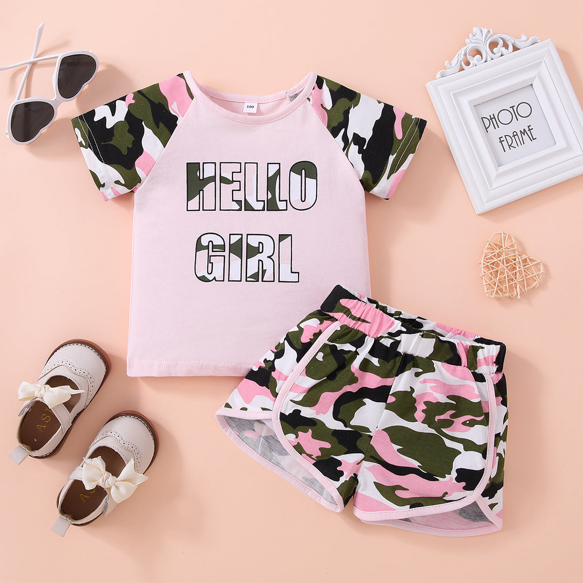 HELLO GIRL Graphic Tee and Camouflage Shorts Set - 2 PCS. - T - 1 COLOR -