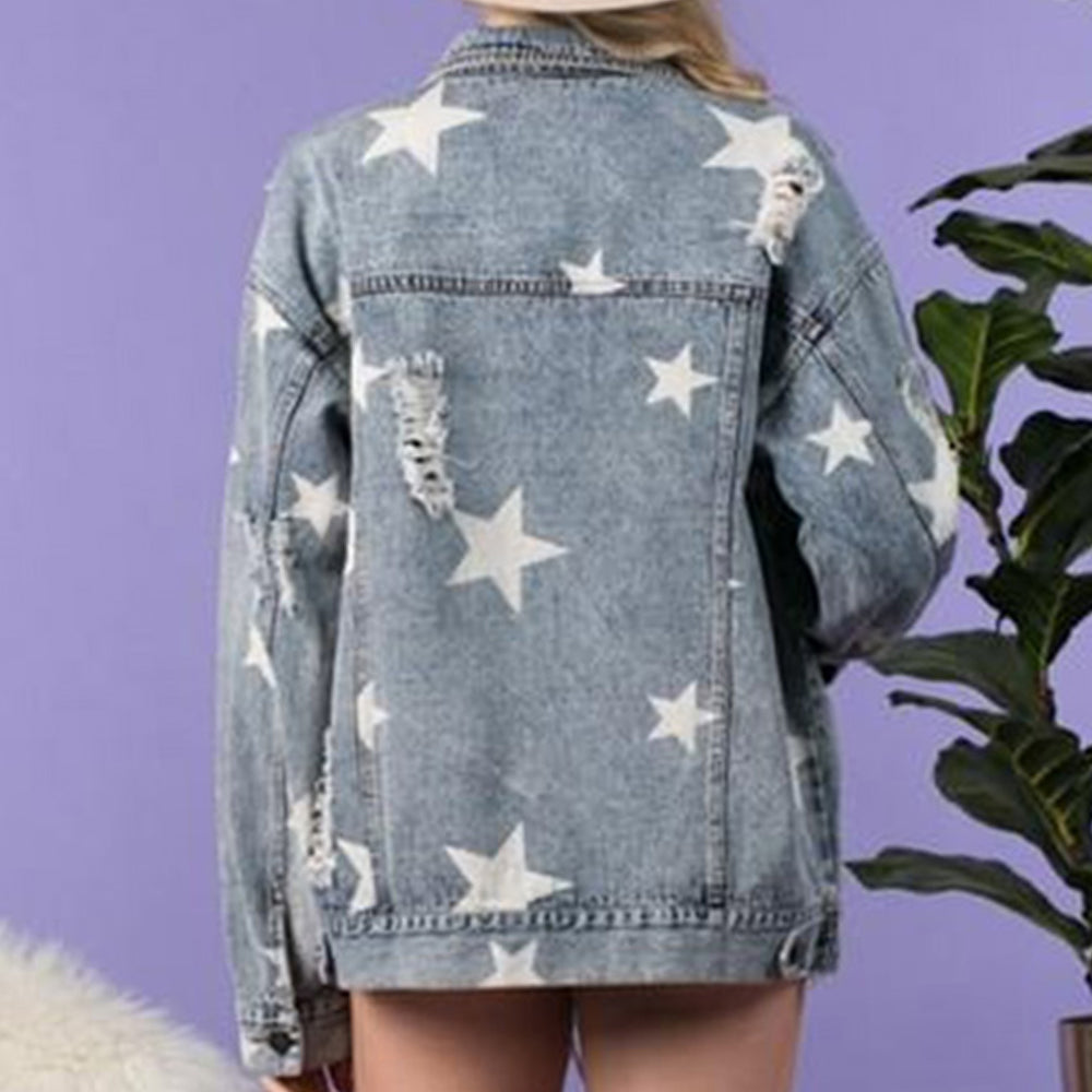 Star Distressed Denim Shacket - T - 1 COLOR -