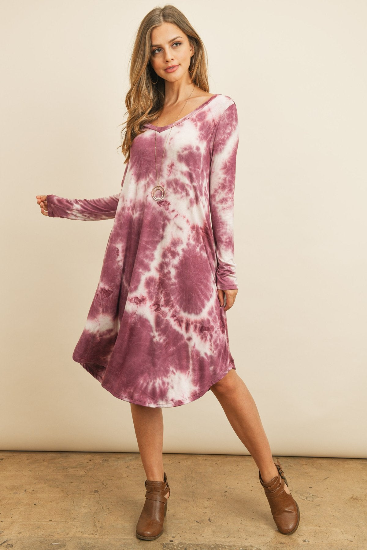 Riah Fashion - Tie Dye V-Neck Rounded Hem Midi Dress - 2 COLORS -