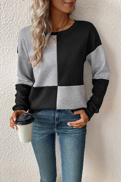 Textured Color Block Round Neck Sweatshirt - T - 4 COLORS -