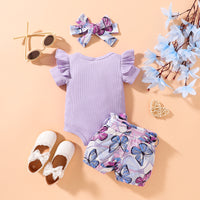 Thumbnail for Ribbed Ruffle Shoulder Bodysuit and Butterfly Print Shorts Set with Headband - 3 PCS. - T - 1 COLOR COMBO -