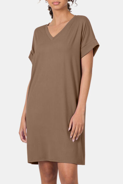 Zenana Rolled Short Sleeve V-Neck T Dress - T - 1 COLOR -