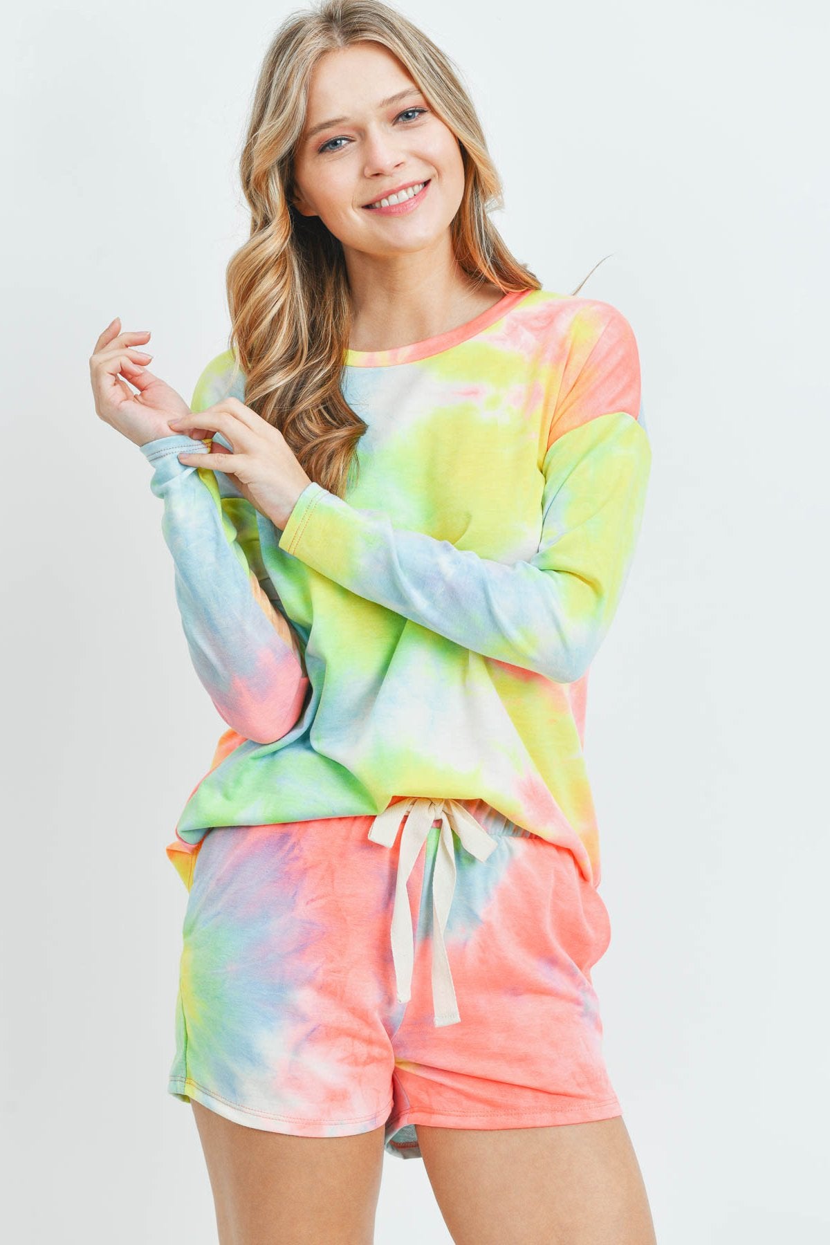 Riah Fashion - Tie Dye Top and Shorts Set With Self Tie - 2 PCS. - 6 COLORS -