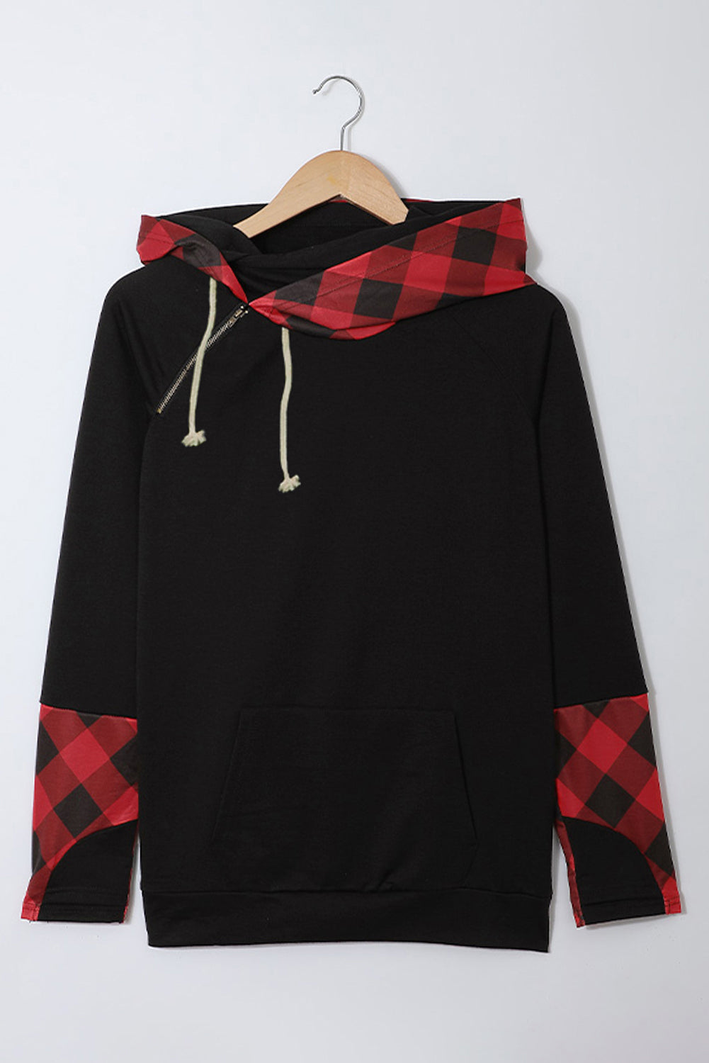 Zip Detail Plaid Hoodie - T - 1 COLOR -