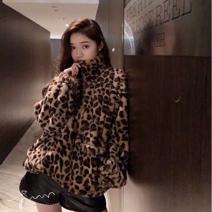 Sharon Tatem - Winter Leopard Print - Stand Collar - Warm Parka - Loose Faux Fur -