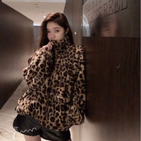 Thumbnail for Sharon Tatem - Winter Leopard Print - Stand Collar - Warm Parka - Loose Faux Fur -