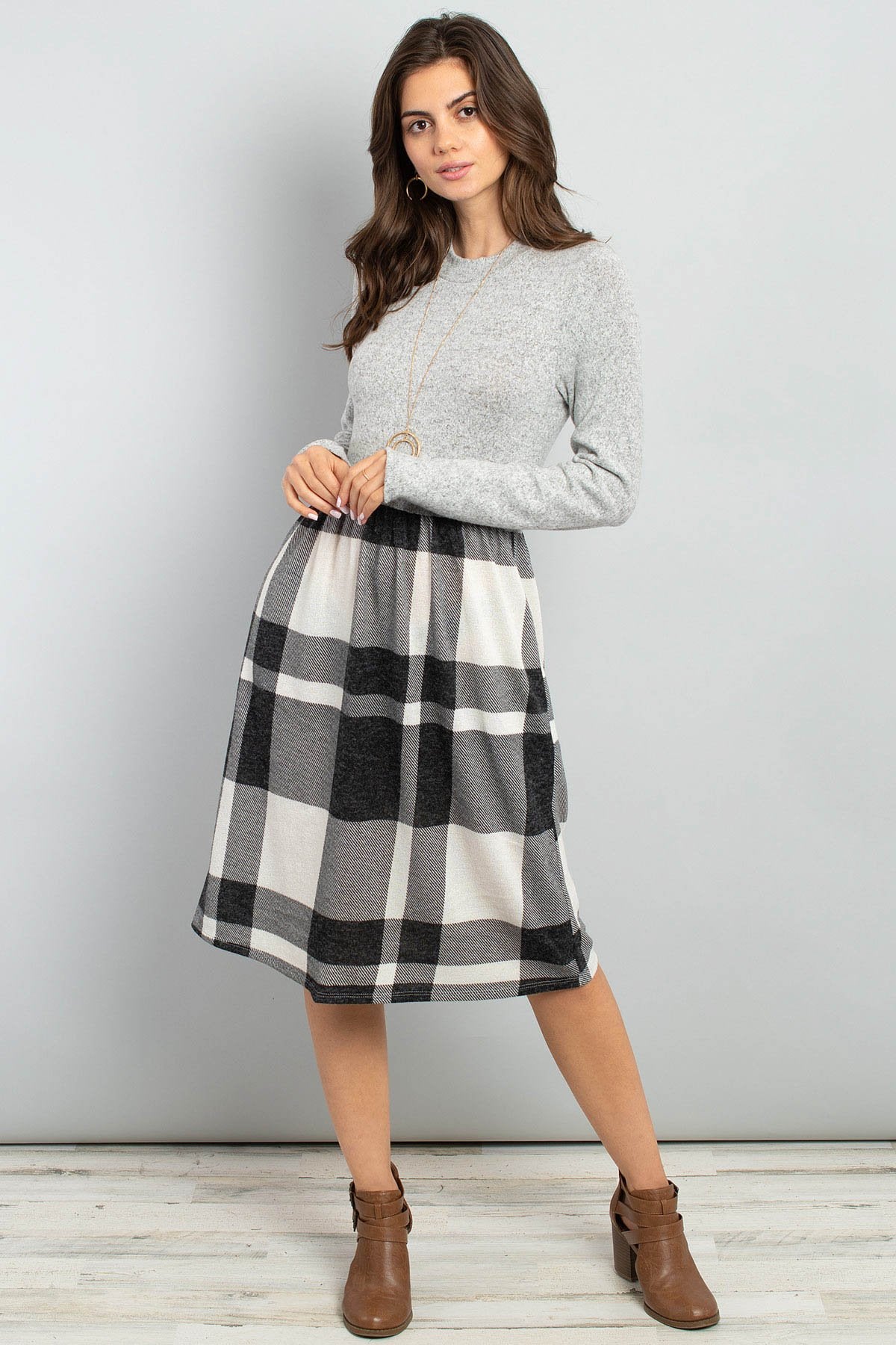 Riah Fashion - Two Toned High Neck Long Sleeves Plaid Contrast Dress - 3 COLORS -