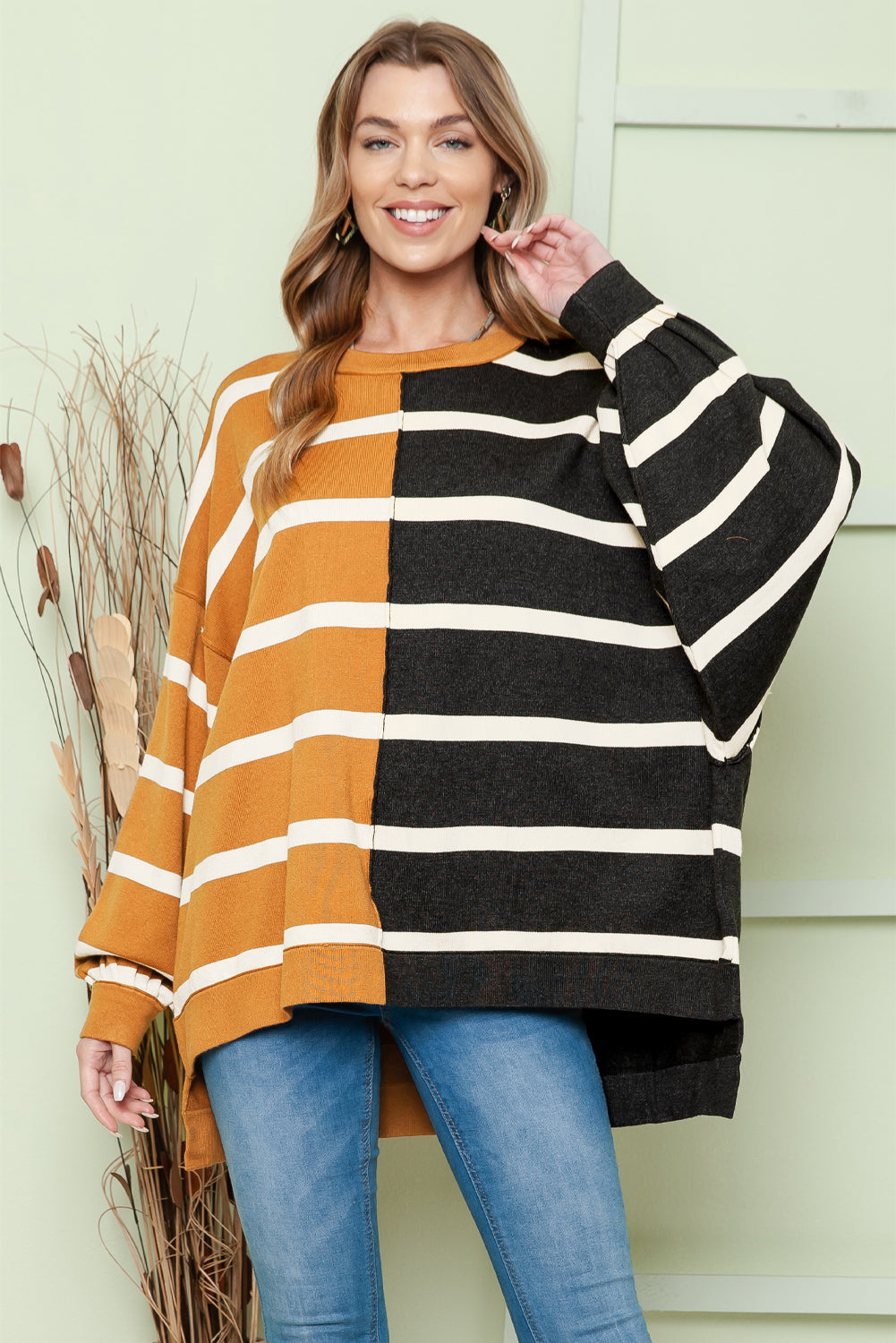 Striped Dropped Shoulder Round Neck Blouse - T - 1 COLOR -