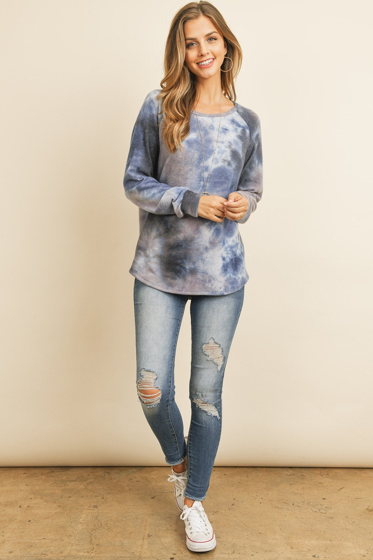 Riah Fashion - Long Sleeve Boat Neck Tie Dye Round Hem Top - 3 COLORS -