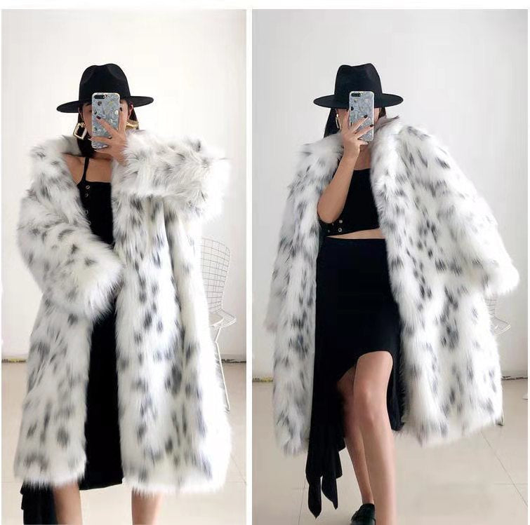 Sharon Tatem - Faux Fox Fur Coat - Casual Snow Leopard Print Fur Jacket - Thick Warm Mid-Long Plush Outer -