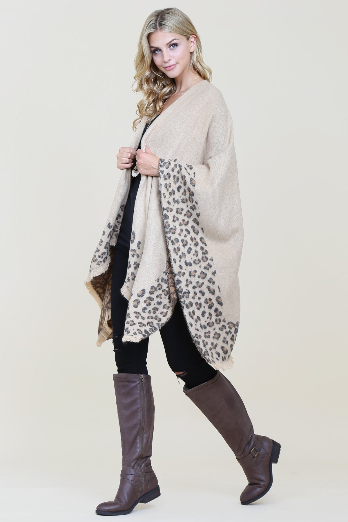 Riah Fashion - Brown Leopard Print Shawl Cardigan - 1 COLOR -