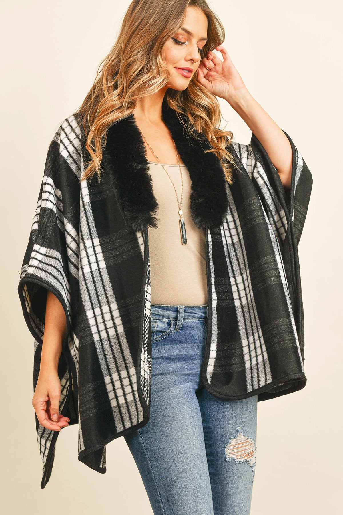 Riah Fashion - Plaid Fur Open Front Kimono -