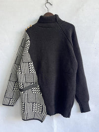 Thumbnail for Houndstooth Turtleneck Long Sleeve Slit Sweater - T - 1 COLOR -