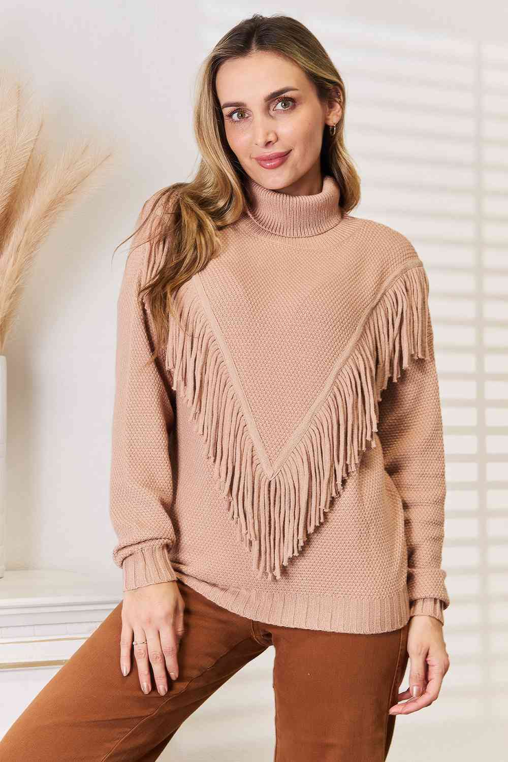 Woven Right Turtleneck Fringe Front Long Sleeve Sweater - T - 1 COLOR -