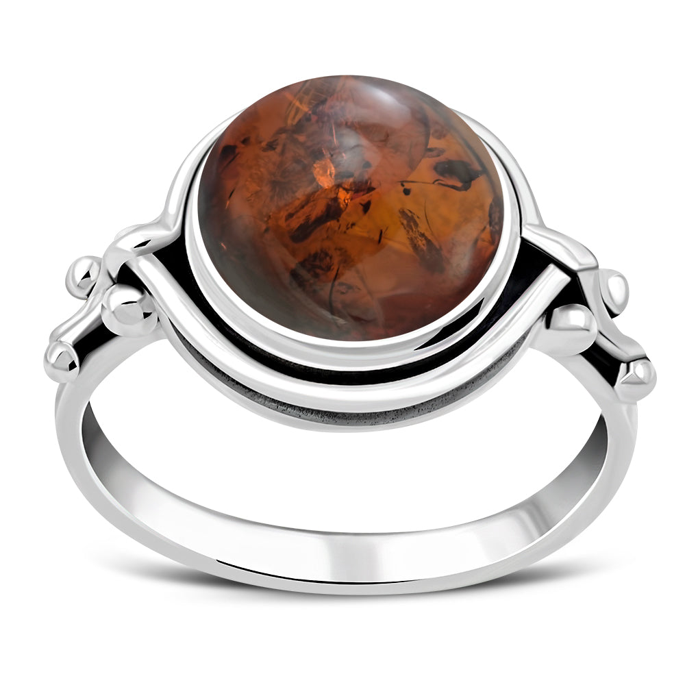 Creidne - Ethnic Baltic Amber Sterling Silver Ring - 7 SIZES -