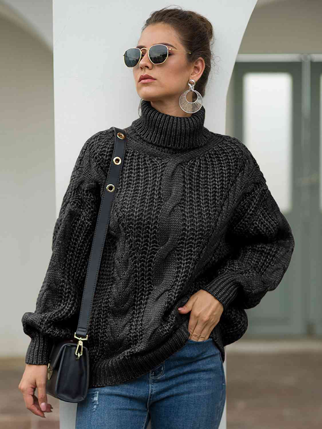 Turtleneck Cable-Knit Dropped Shoulder Sweater - T - 5 COLORS -