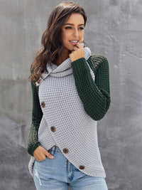 Thumbnail for Contrast Decorative Button Turtleneck Sweater - T - 4 COLORS -