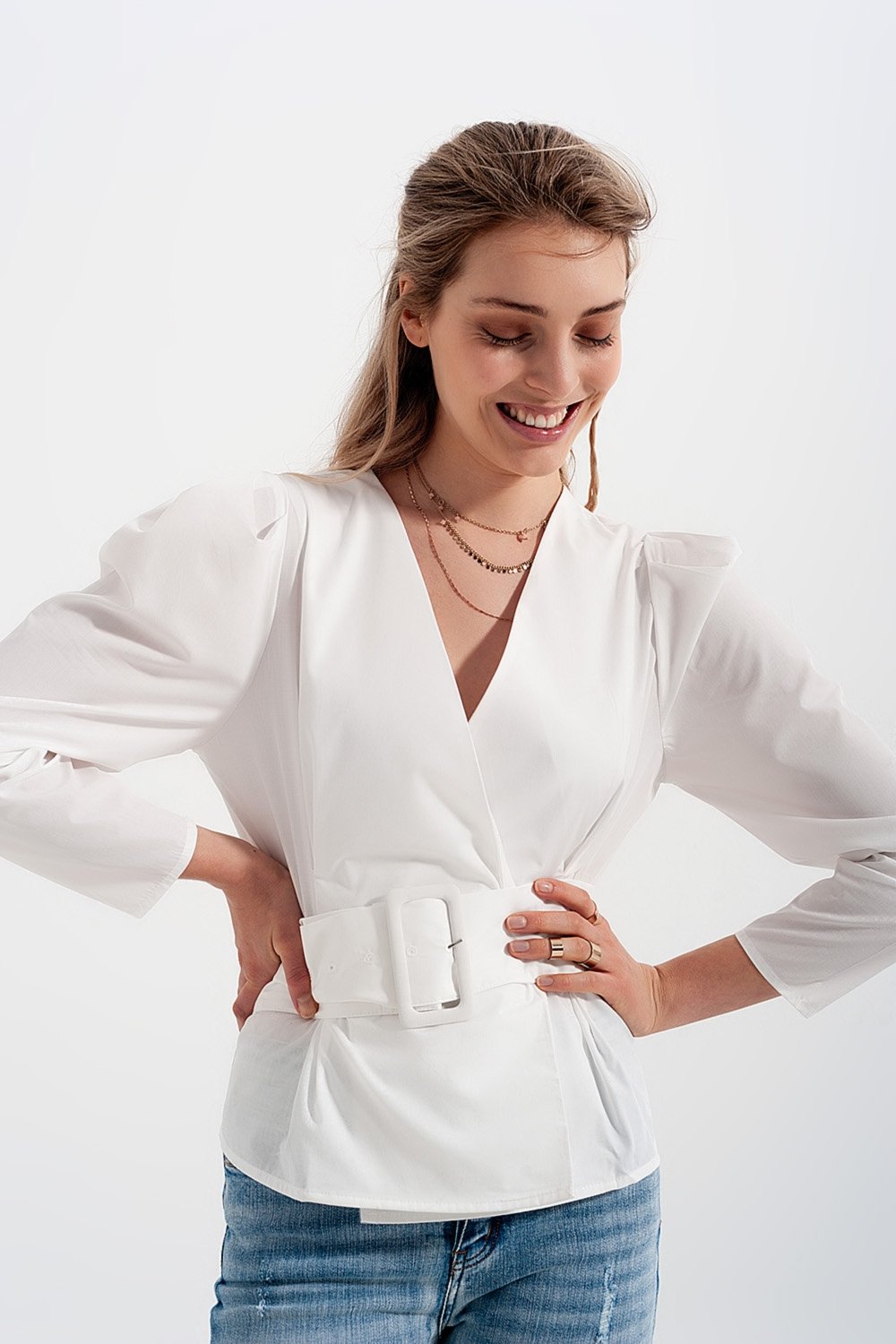 Q2 - Puff Sleeve Wrap Front Top With Belt Detail in White - 1 COLOR -