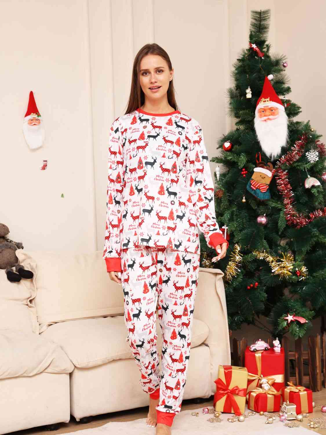 WOMEN Full Size Reindeer Print Top and Pants Set - T -