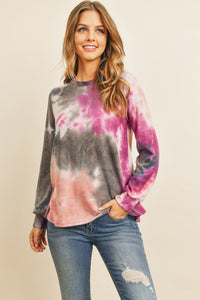 Thumbnail for Riah Fashion - Long Sleeve Boat Neck Tie Dye Round Hem Top - 3 COLORS -