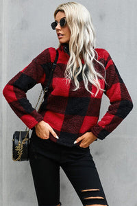 Thumbnail for Half Zip Plaid Turtleneck Sweatshirt - T - 1 COLOR -