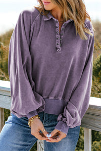 Thumbnail for Quarter-Snap Collared Lantern Sleeve Sweatshirt - T - 4 COLORS -