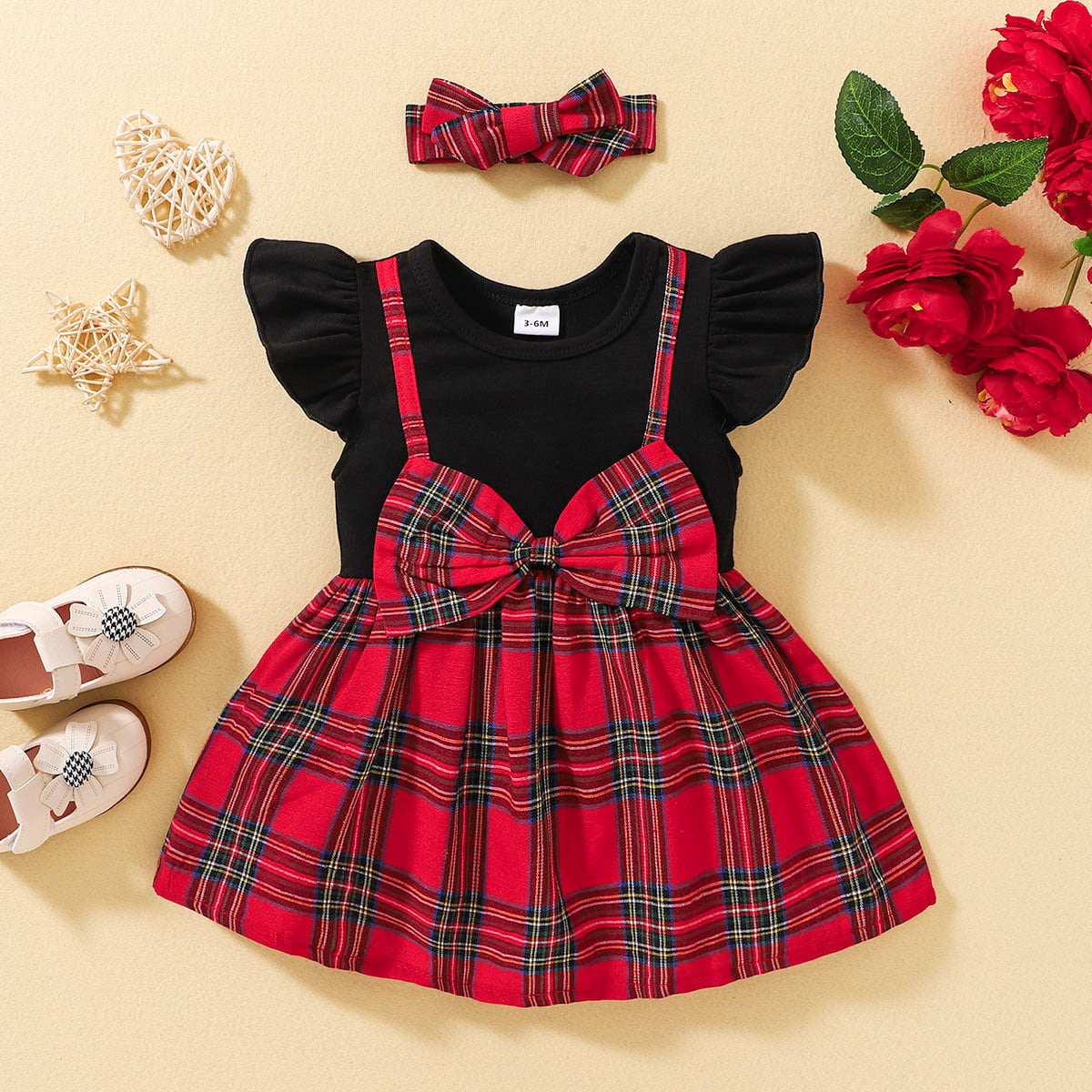 Plaid Bow Detail Round Neck Dress with Headband - T- 6 SIZES - 2 COLORS -