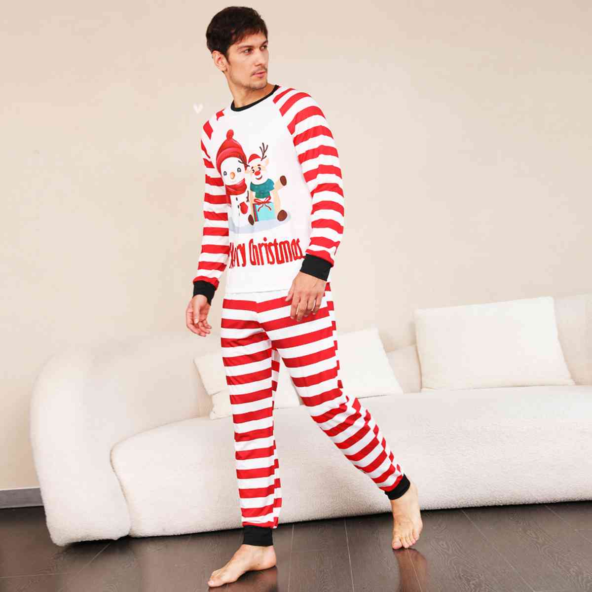 MEN MERRY CHRISTMAS Graphic Top and Striped Pants Set - T -