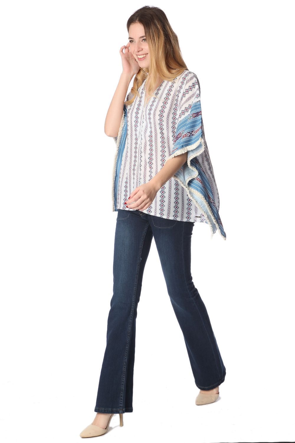 Q2 - Blue Oversized Poncho Top in Tribe Print - 1 SIZE - 1 COLOR -