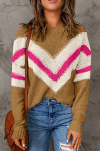 Thumbnail for Contrast Round Neck Dropped Shoulder Sweater - T - 7 COLORS -